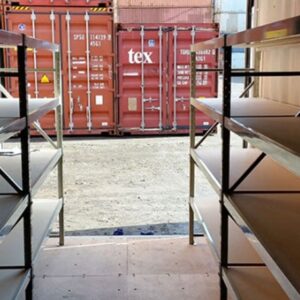 Shipping container shelving units