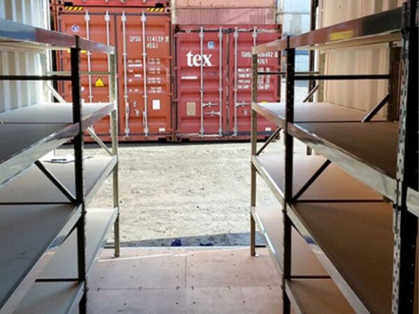 Shipping container shelving units