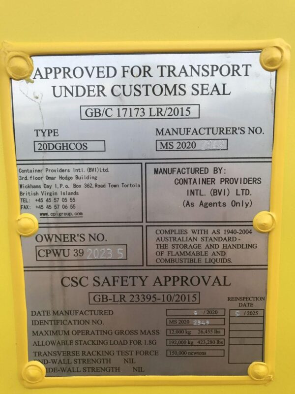 20ft high cube dangerous goods shipping container CSC plate