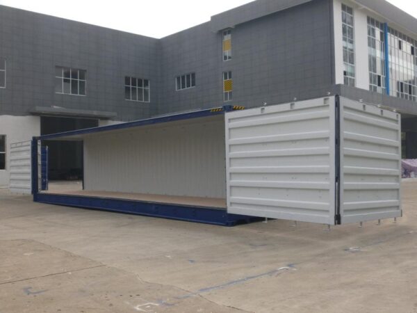 Image of a new 40ft High Cube Shipping container from the side with doors open