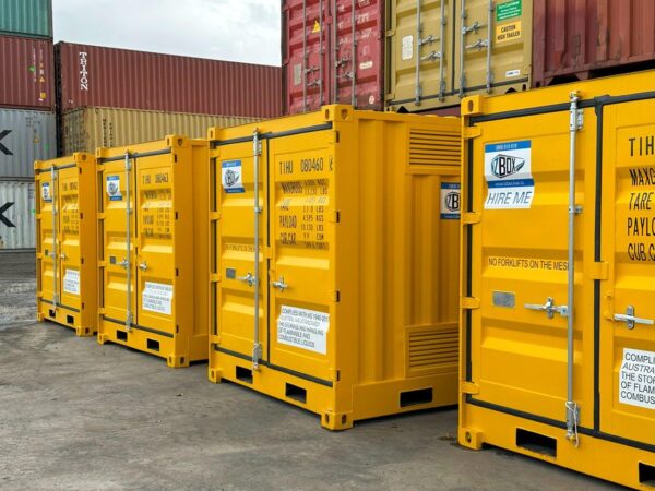 8ft dangerous goods shipping containers lined up